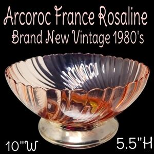 Vintage 1980's New Arcoroc France Rosaline pink swirl w/ silver plate pedestal